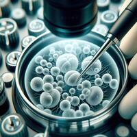The IVF sperm research process involves examining sperm under a microscope for a test tube baby procedure. photo