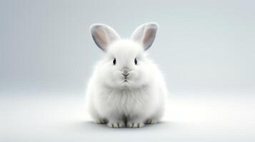 Detailed 3D render of a fluffy white rabbit sitting upright, its soft fur and bright eyes captured in high resolution, perfectly isolated on a white background for educational or p photo