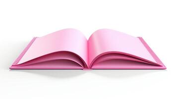 Elegant 3D rendering of a pink book open to a blank page, its pages slightly curved, showcasing a realistic look and feel, isolated against a white backdrop for clear visibility. photo