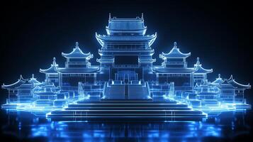 A glowing blue ancient Chinese palace with intricate details. The palace is surrounded by a tranquil reflecting pool, and the scene is set against a deep blue night sky. photo