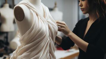 Close-up of a designer draping fabric on a mannequin, adjusting the fit to mimic the human form perfectly, with focus on craftsmanship. photo