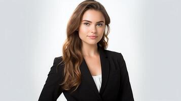 Professional stock image of a young businesswoman posing confidently, dressed in formal attire against an isolated white backdrop, perfect for corporate branding. photo