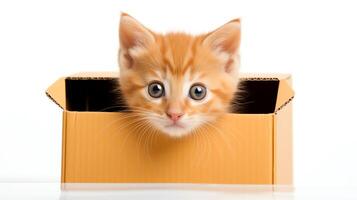 Cute snapshot of a playful orange kitten peeking out from behind a small box, only its face and paws visible, against a pristine white background to enhance its mischievous express photo