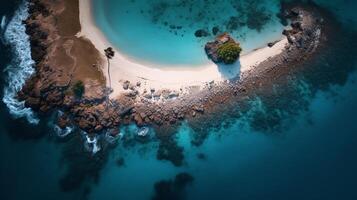 An aerial view of a small tropical island with white sand beaches and crystal clear waters. The island is surrounded by a coral reef and there are palm trees on the beach. photo