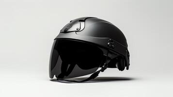 Minimalist photo of a lightweight military helmet designed for advanced warfare, prominently featured on a white background to emphasize its sleek, modern design.