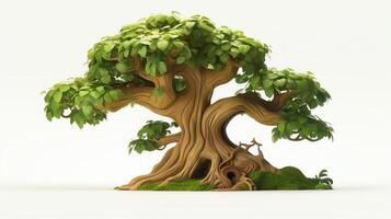 Charming image of a whimsical fairy tale tree model, designed with exaggerated features like oversized leaves and a curvy trunk, set against a pure white background for children's photo