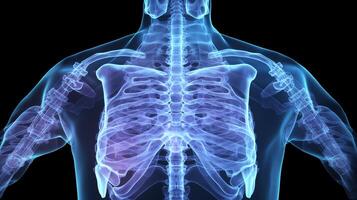 Close-up of a glowing X-ray film displaying a human chest, highlighting intricate bone structures and medical diagnostics. photo
