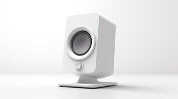 Minimalist image of a small desktop loudspeaker, designed for computer setups, showing subtle design elements and smooth contours, isolated on a white background for tech product c photo