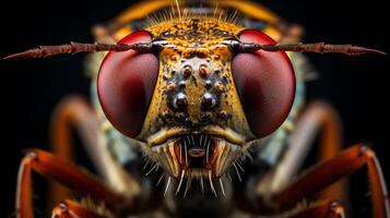 A stunning close-up photograph of a parasitic wasp, showing its sharp mandibles and compound eyes. photo