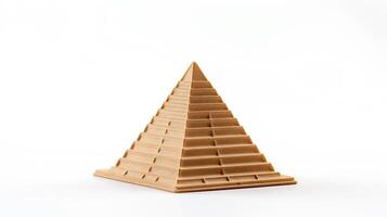Detailed close-up of a miniature pyramid, symbolizing ancient Egyptian architecture, set against a pure white background with a soft shadow beneath. photo