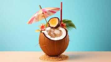 Coconut cocktail served in a natural coconut shell, decorated with a mini umbrella and fruit slice, with a pastel-colored gradient background. photo