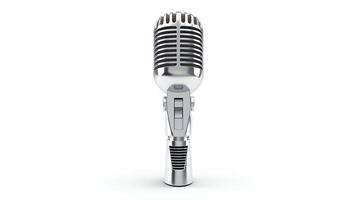 High-definition 3D render of a classic dynamic microphone, featuring a sleek metallic finish and professional design, isolated on a white background for audio equipment marketing. photo