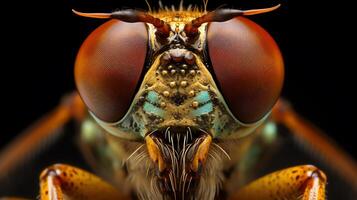A stunning close-up photograph of a fly's head, showing itsFu Yan , proboscis, and antennae. photo