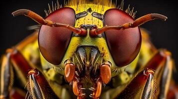 Take an extreme close up photograph of a wasp's head. The wasp should be in focus and the background should be blurred. The wasp should be facing the camera. photo