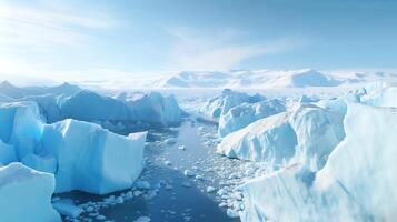 Aerial view of a melting glacier in the Arctic, vividly illustrating the impacts of global warming, with deep blue waters encroaching the ice. photo