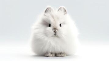 Detailed 3D render of a fluffy white rabbit sitting upright, its soft fur and bright eyes captured in high resolution, perfectly isolated on a white background for educational or p photo