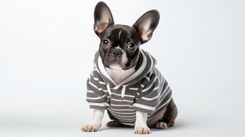 Cute and casual scene of a dog lounging in a striped hoodie, looking directly at the camera with a serene expression, perfectly framed against a stark white background to highlight photo