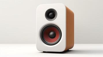 Minimalist image of a small desktop loudspeaker, designed for computer setups, showing subtle design elements and smooth contours, isolated on a white background for tech product c photo