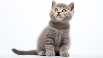 Heartwarming picture of a small grey kitten looking up with innocent eyes, sitting neatly on a white background, ideal for eliciting a warm, affectionate response. photo