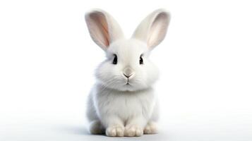 Detailed 3D render of a fluffy white rabbit sitting upright, its soft fur and bright eyes captured in high resolution, perfectly isolated on a white background for educational or p photo