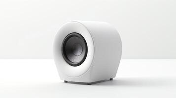 Minimalist image of a small desktop loudspeaker, designed for computer setups, showing subtle design elements and smooth contours, isolated on a white background for tech product c photo