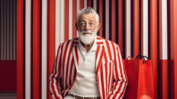 A distinguished older gentleman with a silver beard and mustache is standing in front of a red and white striped background photo