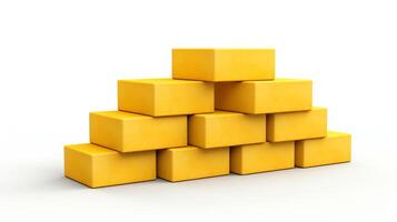Detailed 3D render of a stack of new yellow bricks, meticulously arranged and displayed against a stark white background to emphasize their uniform shape and size. photo