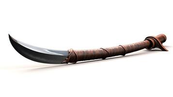 Artistic 3D rendering of an ancient katana, featuring a traditional wrapped handle and a curved, sharp blade, isolated on a white background, ideal for martial arts themes or colle photo