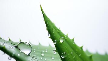 Minimalist image of an Aloe Vera plant with droplets of water on its leaves, enhancing the freshness and soothing properties, displayed against a pure white background for a clean photo