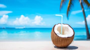 Fresh coconut with a straw on a vibrant, multicolored tropical beach background, symbolizing summer and relaxation. photo