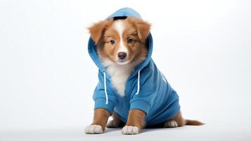 Adorable image of a Nova Scotia Duck Tolling Retriever puppy wearing a bright blue hoodie, sitting playfully on an isolated white background, eyes sparkling with mischief. photo