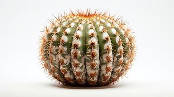 Artistic photo of a Barrel cactus with its round, robust shape and intricate patterns of thorns, isolated on a white background, suitable for botanical studies or decor.