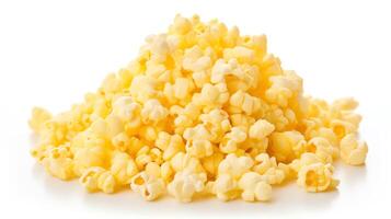 Detailed image of a small pile of buttery popcorn, glistening with a light coating of salt, grouped together and isolated against a stark white background to emphasize its deliciou photo