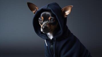 Heartwarming image of a medium-sized dog dressed in a navy blue hoodie, sitting proudly, the fabric gently hugging its body, captured against a clean, white background. photo