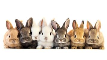 Cute depiction of a group of baby rabbits, various colors and breeds, snuggled together, creating a heartwarming scene, isolated on a white background perfect for greeting cards or photo