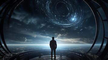 Astronomer in a dark observatory, peering through a large telescope, searching the night sky for celestial phenomena. photo