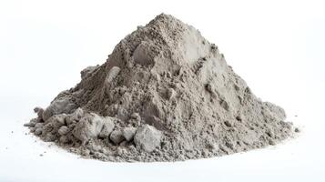 Close-up photo of a rough mound of cement mix, showcasing its grainy texture and shades of gray, perfectly isolated on a white background for educational or commercial use.