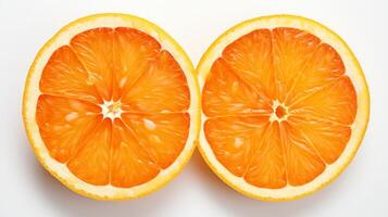 High-definition photo of an orange cut in half, displaying the juicy interior and detailed texture of the pulp, set against a pure white backdrop for a clean, appealing look.