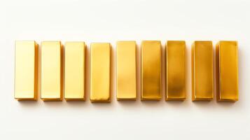 Creative display of gold bars artistically laid out in a staggered formation, showcasing the texture and sheen of each bar, perfectly isolated on a pure white background for high-e photo