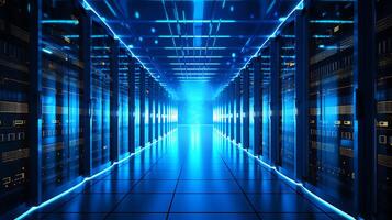Busy data center with rows of servers emitting blue lights, focus on network and information technology infrastructure. photo