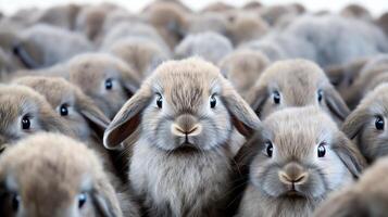 Charming image of a small grey rabbit with lop ears, looking curiously at the camera, its delicate features highlighted against a stark white background, ideal for pet care adverti photo