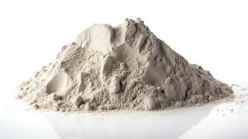 Artistic image of a carefully arranged cement powder forming a small hill, with shadows and depth enhancing the texture, isolated on a white background ideal for construction and D photo