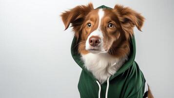 Charming photo of a young Nova Scotia Duck Tolling Retriever clad in a pink striped hoodie, looking up with a curious expression, perfectly captured against a clean white backdrop.