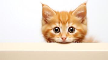 Cute snapshot of a playful orange kitten peeking out from behind a small box, only its face and paws visible, against a pristine white background to enhance its mischievous express photo