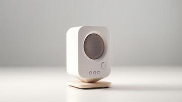 Minimalist image of a small desktop loudspeaker, designed for computer setups, showing subtle design elements and smooth contours, isolated on a white background for tech product c photo