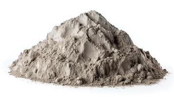 Close-up photo of a rough mound of cement mix, showcasing its grainy texture and shades of gray, perfectly isolated on a white background for educational or commercial use.
