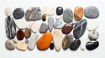 Creative arrangement of ornamental stones including marble, granite, and quartz, showcasing their polished surfaces and intricate patterns, isolated on a white background for inter photo
