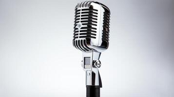 Detailed image of a vintage ribbon microphone with a polished chrome stand, its retro appeal perfectly captured and isolated against a stark white background for music studio adver photo