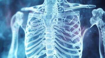Close-up of a glowing X-ray film displaying a human chest, highlighting intricate bone structures and medical diagnostics. photo