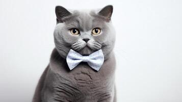 Endearing photo of a British Shorthair cat wearing a tiny bow tie, its round face and calm demeanor showcased against a pure white background, exuding charm and elegance.